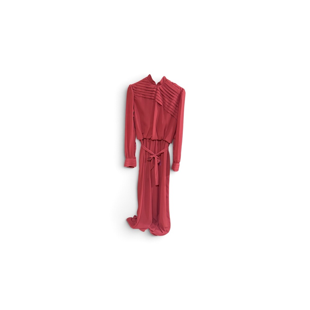 Vtg 70s ILGWU Pink Pleated Yoke Midi Dress Long Sleeve Union USA Sz 20 fits 16